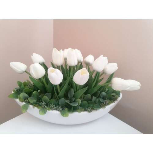 Tulipán Művirág csónaktálban több szálas #fehér