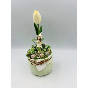   Zöld figurás asztaldísz – kb. 30 cm magas, kerámia kaspóban