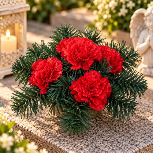  Sírdísz kis arany műanyag tálban selyem szegfű díszítéssel M13x25cm piros