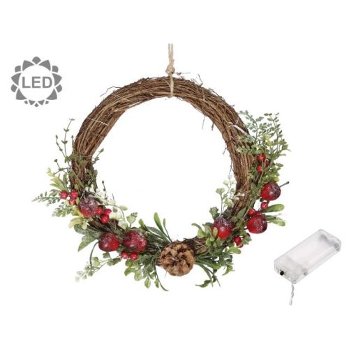 Koszorú fenyővel, bogyókkal, LED-es 30 cm