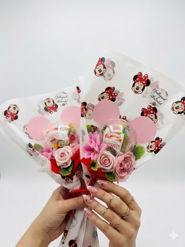 Minnie töltött édességes ballagási csokor -az ár 1 csokorra vonatkozik! minne csomagoló papírral