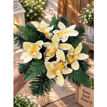   Sírdísz arany műanyag tálban selyem orchidea díszítéssel M14x30cm krém