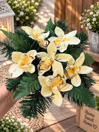 Sírdísz arany műanyag tálban selyem orchidea díszítéssel M14x30cm krém