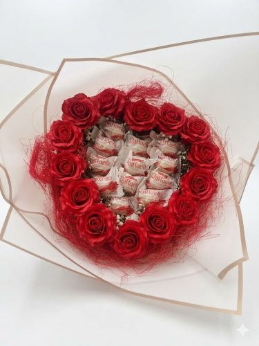 Piros rózsás Raffaello csokor – elegáns ajándék különleges alkalmakra