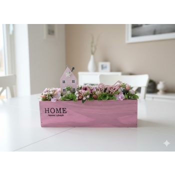   asztaldísz rózsaszín fa dobozban házzal és madárral-válaszható felirattal