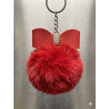   Piros szőrös gombóc kulcstartó – masnis, strasszos dekoráció