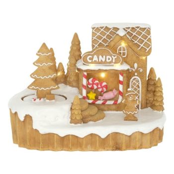   Dioráma mézeskalács cukorkabolt mozgó fenyővel, LED-es 19x12,5x14 cm