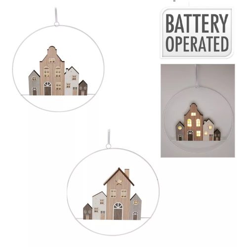 Fém karika ajtódísz LED-es házikóval D30cm