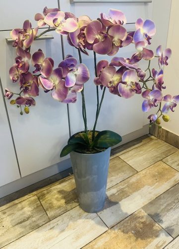 Lila orchidea padlóvázában 4 szálas szürke kaspós