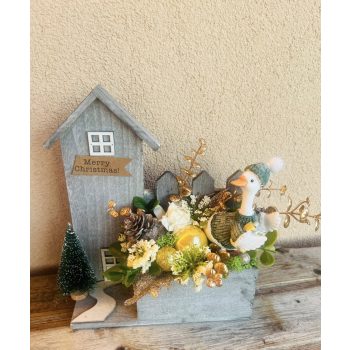   Karácsonyi Faházas Asztaldísz –  viraghomedekororsi – Kézműves ünnepi dekoráció