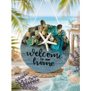   Tengerparti ajtó- és falidísz 25 cm fa alapon – Welcome to Our Home dekor kagylókkal és csillaghallal