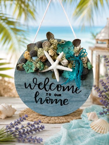 Tengerparti ajtó- és falidísz 25 cm fa alapon – Welcome to Our Home dekor kagylókkal és csillaghallal
