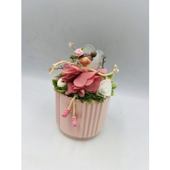   Angyalkás virágkompozíció kerámia kaspóban – maradandó ajándék VÁLASZTHATÓ FELIRATTAL 