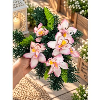   Sírdísz arany műanyag tálban selyem orchidea díszítéssel M14x30cm rózsaszín