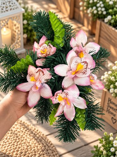 Sírdísz arany műanyag tálban selyem orchidea díszítéssel M14x30cm rózsaszín