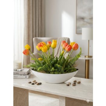   35 cm csónak tál – prémium szilikon tulipánokkal, fehér kaspóban, narancs és citrom színekben