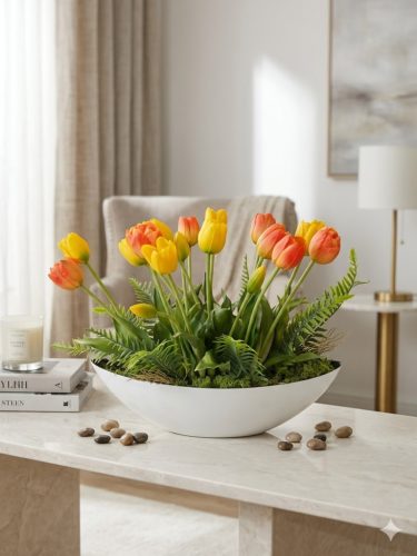 35 cm csónak tál – prémium szilikon tulipánokkal, fehér kaspóban, narancs és citrom színekben