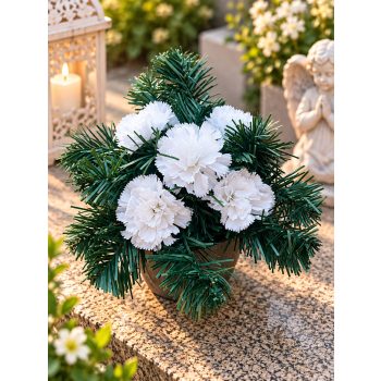   Sírdísz kis arany műanyag tálban selyem szegfű díszítéssel M13x25cm fehér