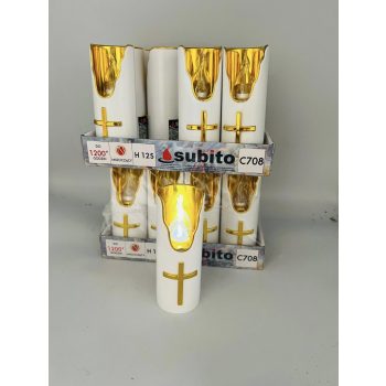   Elektromos led mécses kereszttel fehér-arany fehér lánggal 4,5x13cm az ár 1 db termékre vonatkozik