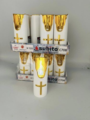 Elektromos led mécses kereszttel fehér-arany fehér lánggal 4,5x13cm az ár 1 db termékre vonatkozik