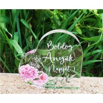   Vastag Kicsi plexi szív- rózsaszín virágos Boldog anyák napját 6,6x6,6cm