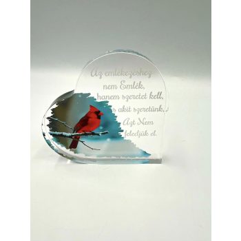   Temetői sírdísz Vastag szív alakú plexi- piros madár 10x10cm 