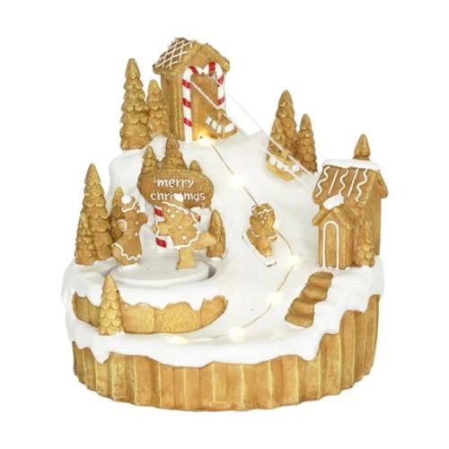 Dioráma mézeskalács sípálya – mozgó figurákkal és LED világítással (15,5 × 16 × 16,7 cm)