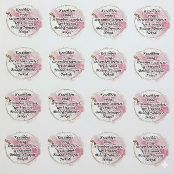   Nőnapi matricaív – púder & arany színvilág, „Kezemben virág…” felirattal (24 db / A4)