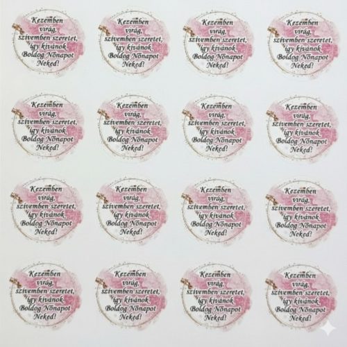 Nőnapi matricaív – púder & arany színvilág, „Kezemben virág…” felirattal (24 db / A4)