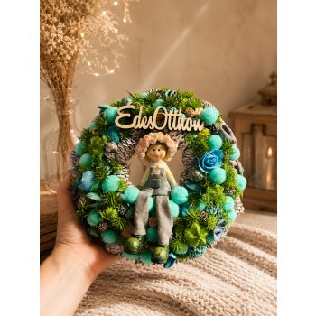 Kékes zöld türkiz ajtódísz figurával