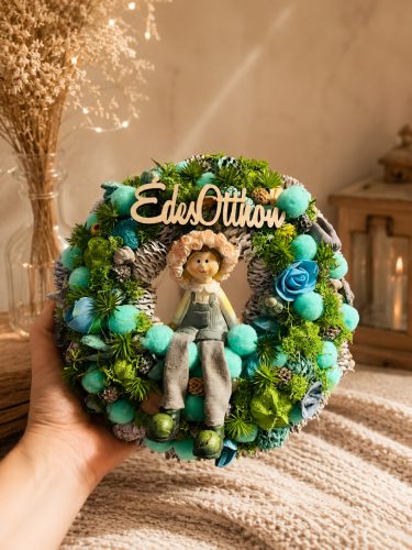 Kékes zöld türkiz ajtódísz figurával