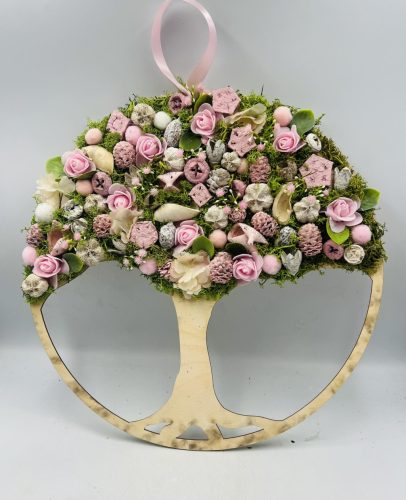 Életfa ajtódísz rózsaszín és natúr díszítéssel – 40 cm