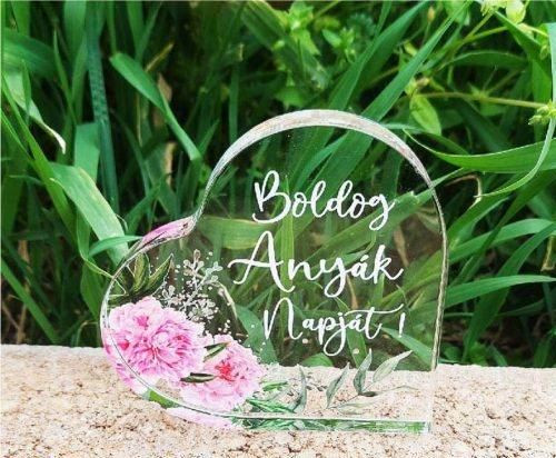 Vastag  plexi szív- rózsaszín, virágos Boldog anyák napját 10x10cm