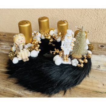   Adventi dekor – fekete szőrmés alapon arany dekor, 2 figurás, 30 cm