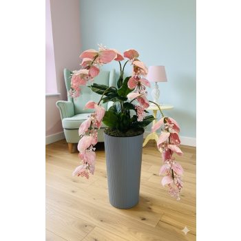   Óriás Medinilla padlóvázás művirág – 80 cm, rózsaszín, szürke kaspóban