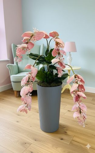 Óriás Medinilla padlóvázás művirág – 80 cm, rózsaszín, szürke kaspóban