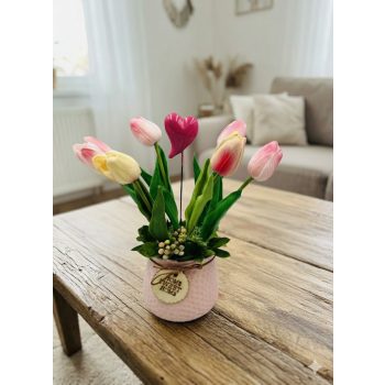   Tulipános asztaldísz kivehető szívecskével, rózsaszín kerámia kaspóban