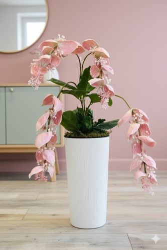 Óriás Medinilla padlóvázás művirág – 80 cm, rózsaszín, fehér kaspóban