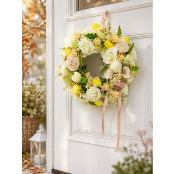   Extra művirágos ajtódísz – 40 cm, krém-sárga elegáns tavaszi dekoráció
