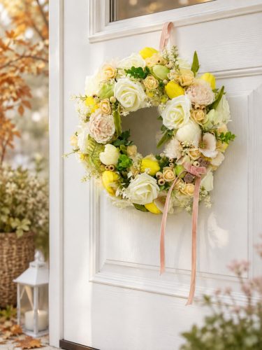 Extra művirágos ajtódísz – 40 cm, krém-sárga elegáns tavaszi dekoráció