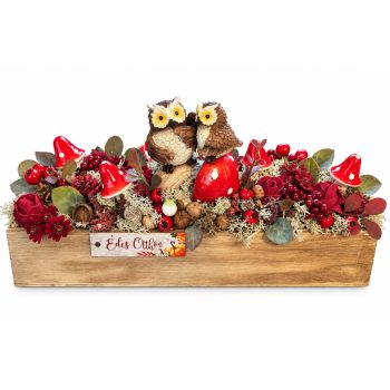 Édes Otthon baglyos őszi asztaldísz fa dobozban – 35 cm