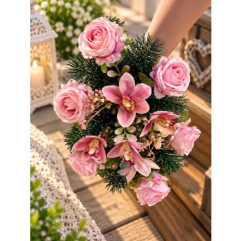   Sírdísz közepes arany műanyag hajóban selyem rózsa és orchidea díszítéssel M23x38cm rózsaszínes