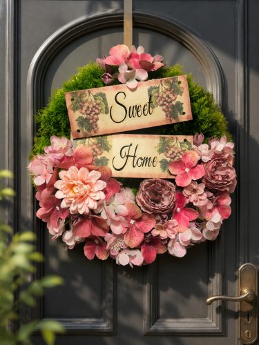 „Sweet Home” virágos ajtódísz – 30 cm őszi ajtódísz művirágokkal