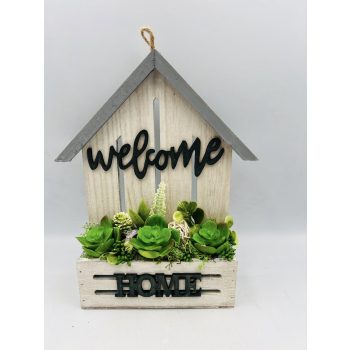 Welcome feliratos faháztartó - pozsgással dekorálva