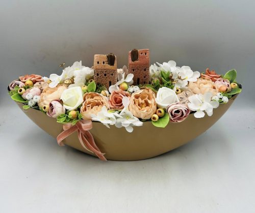 Asztaldísz bézs csónak kaspóban – 35 cm, házikós dekoráció