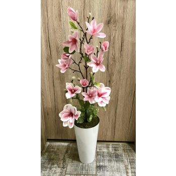   Magnólia dekor  padlóvázában 82 cm -magas fehér kaspóval