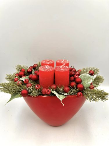 Piros műfenyős natur díszítéses adventi 4 gyertyás műfenyős kerámia kaspóban