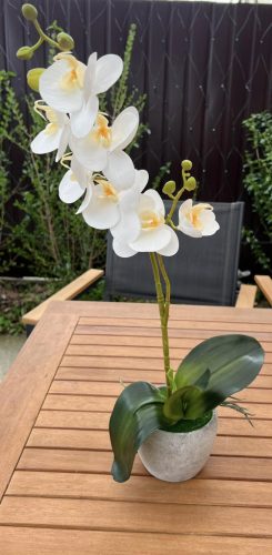 Fehér orchidea dekor 2 ágas, szürke színű kaspóban