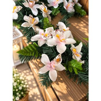   Sírdísz arany műanyag tálban selyem orchidea díszítéssel M14x30cm fehér rózsaszín középpel