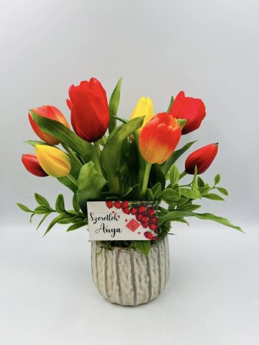 Élethű tulipános asztaldísz -válaszható felirattal